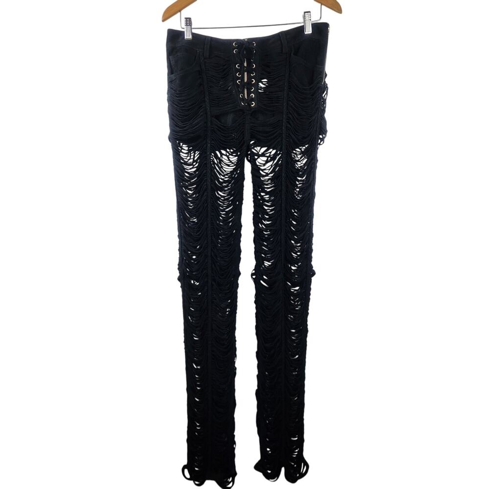 Retrofete Suede Pants Black Size Medium Pockets Sheer Fringe